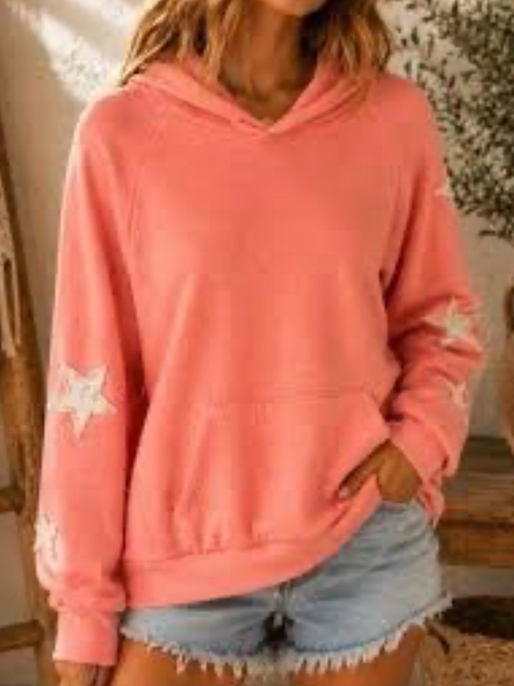 FP X Tricia Fix Exclusive Crochet Star Hoodie Sweatshirt Coral Pink Size S NWT